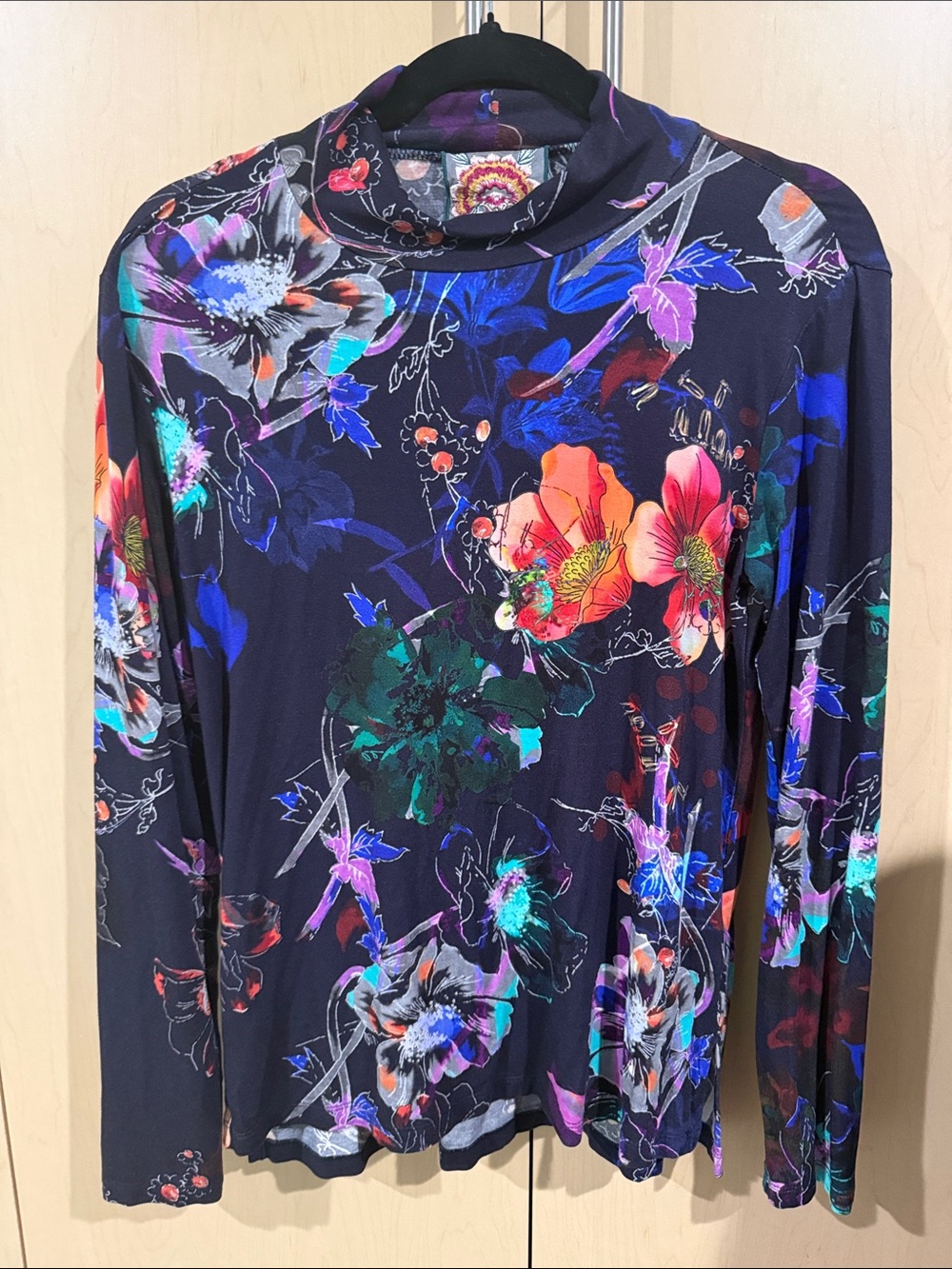 Johnny Was Black Floral Long-Sleeve Mock Neck Tee